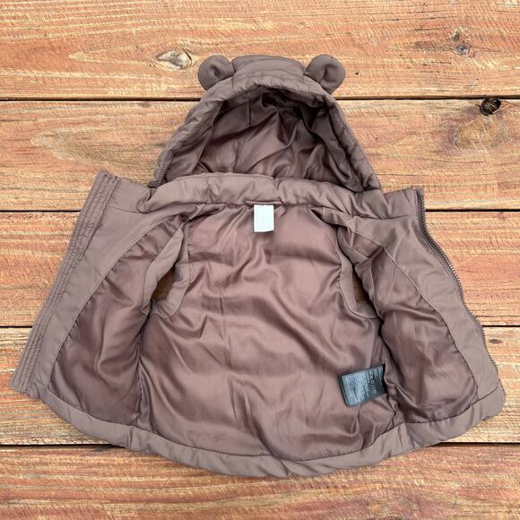 H&M Baby Puffer Vest 6M Brown Bear Hood Unisex Winter Zip Jacket Warm Outerwear - Picture 2 of 11